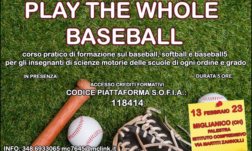 Play The Whole Baseball: il 13 febbraio a Miglianico (Ch) il corso di baseball e softball dedicato ai docenti di Educazione fisica