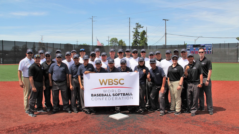 The group of umpires at WBSC officials clinic in San Jose, California